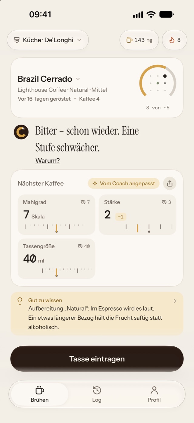Calibrew fragt zuerst, womit du brühst.